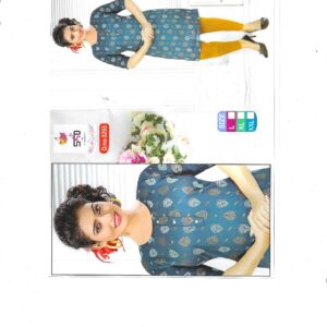 A stylish teal blue kurti with elegant metallic gold motifs