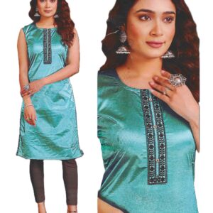 Shimmering turquoise-blue sleeveless kurti