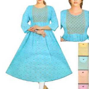 Elegant sky blue kurti with intricate printed yoke Kurti