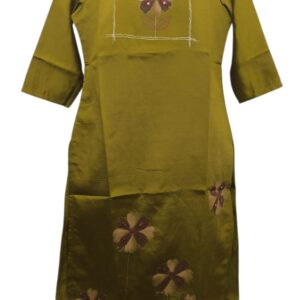 Olive Green Cotton Silk Kurti with Handcrafted Floral Appliqué - AZE-1027-L