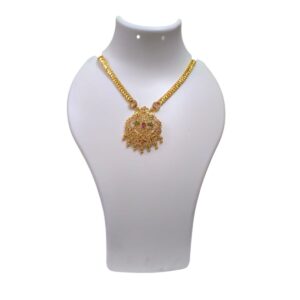 Ruby-Red Stone, Tiny Green and White accents Traditional Gold Necklace